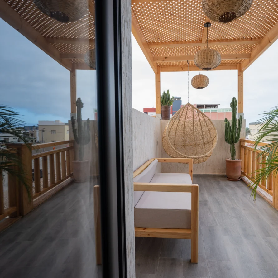 Deluxe surf camp room with balcony and sea view in Imsouane