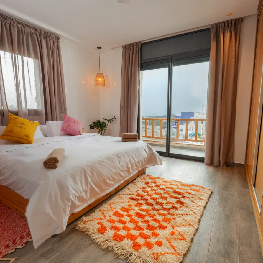 Spacious surf room and double bed in Imsouane Morocco